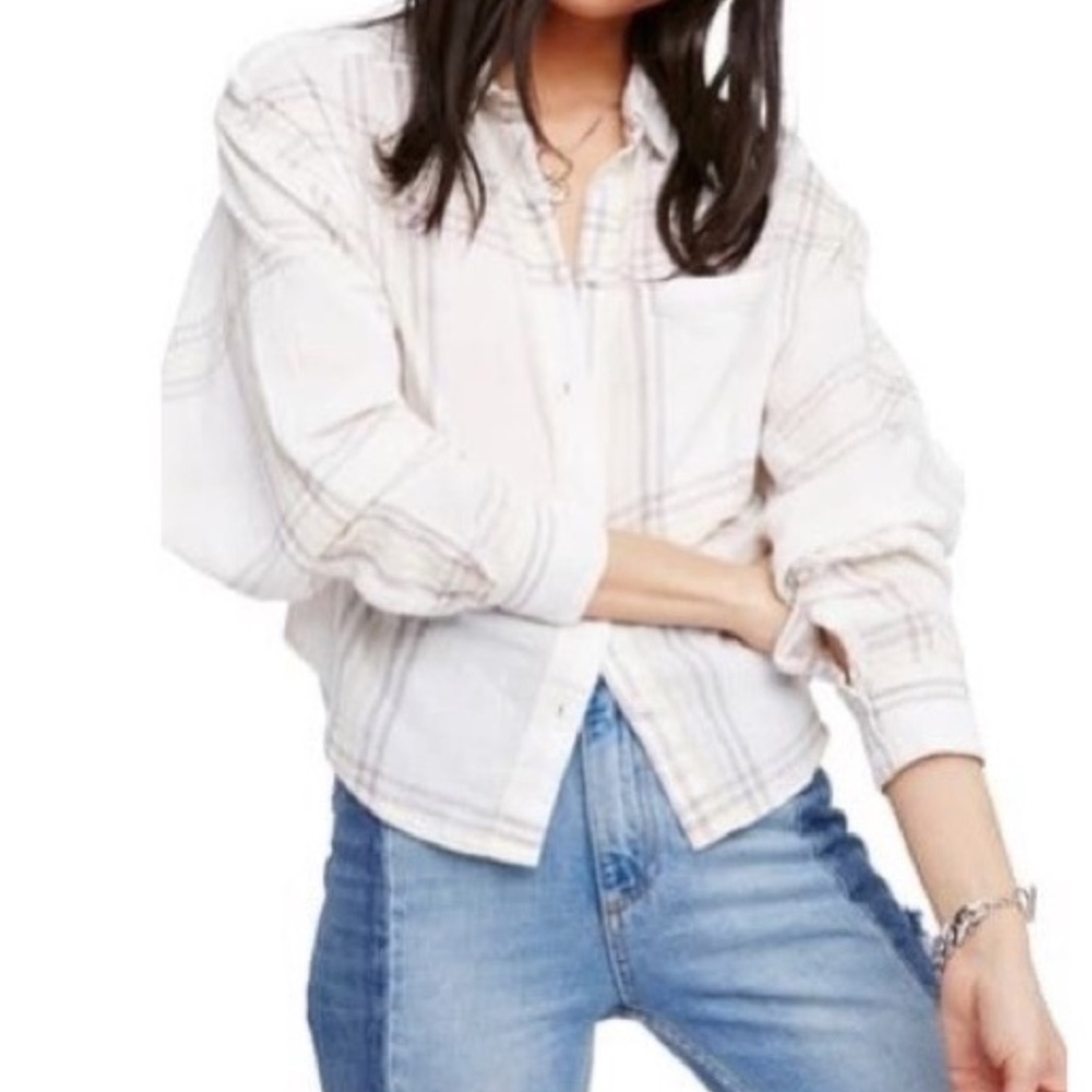 Free People croped cutie Plaid Button Down Shirt; size M